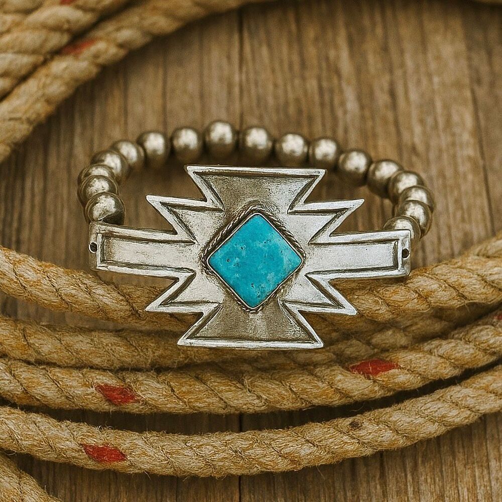 Southwestern Aztec Bracelet – Turquoise & Silver Beads Boho Western Style New